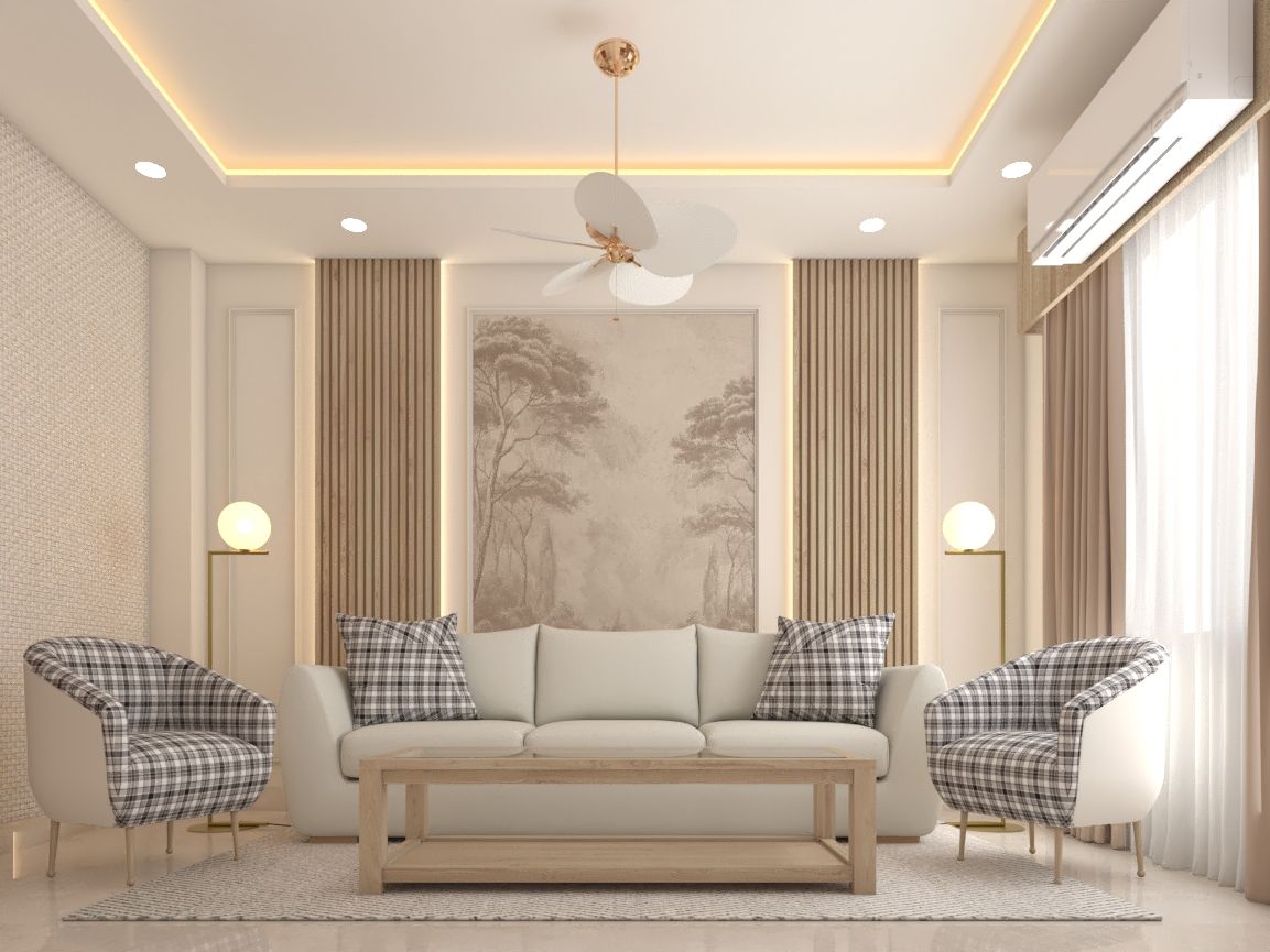 Contemporary Apartment Living Space with Acoustic Wood Paneling & Cove Ceiling #43